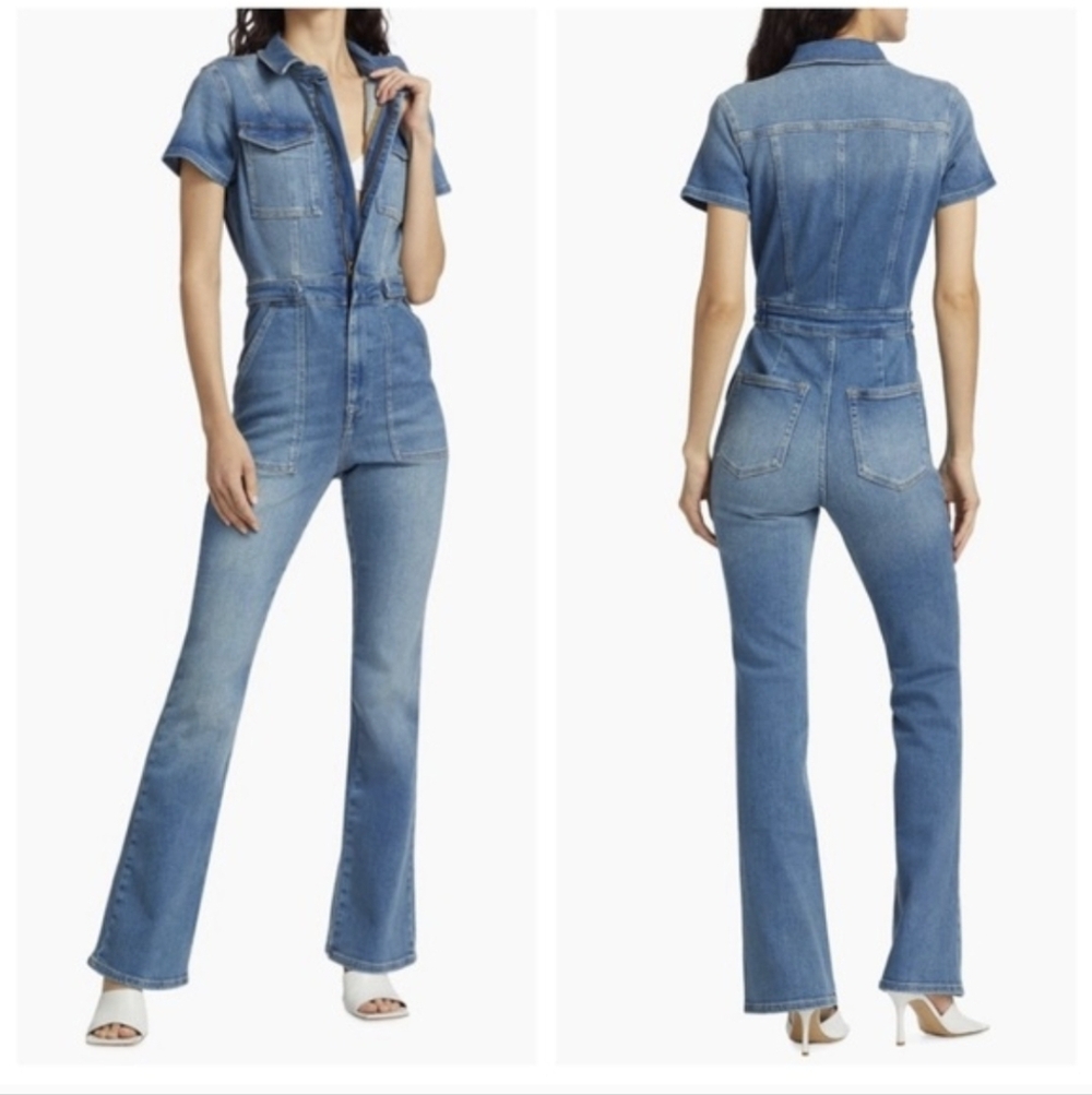 Good American Blue Denim Short-Sleeve Jumpsuit